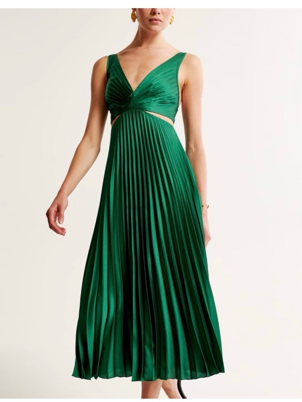 Abercrombie & Fitch Emerald Green Pleated V-Neck Midi Dress